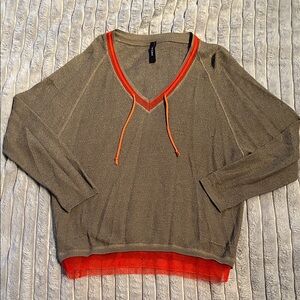 V-Neck Sweater with Red Accents - chain like weave, ribbon accents! Size medium